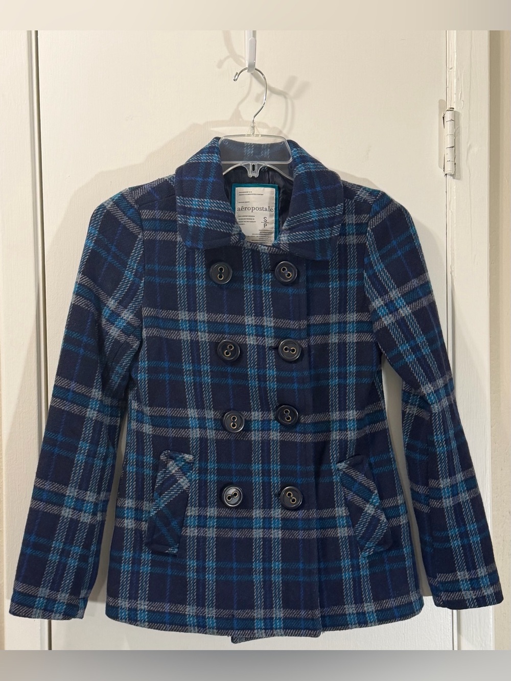 Vintage Y2K Aeropostale Navy and Teal Plaid Double-Breasted Peacoat